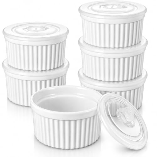 vancasso RAMEKINS 200ml Soufflé Förmchen Set von 6, Ø9,5cm Creme Brulee Schälchen Backofen sicher, Porzellan Soufflés mit Deckel, Kleine Keramik-Schalen, Mini Auflaufformen zum Backen, Weiß