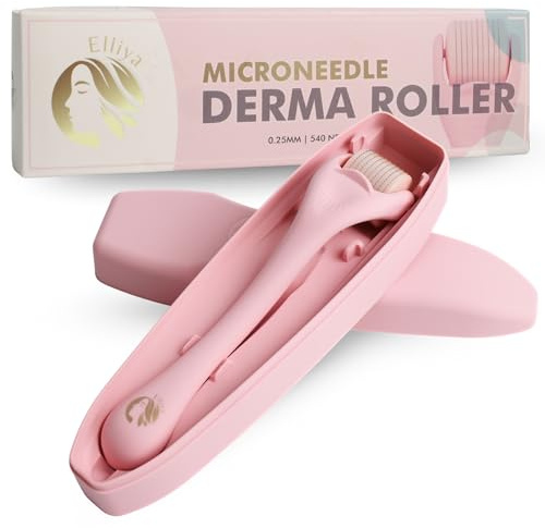 Elliya Rosa Derma Roller mit 0,25 mm Titan-Nadeln - Gesichtspflege- und Hautpflegewerkzeug mit Etui - Microneedling-Roller für glatte Haut - Hautpflegeroutine für Zuhause