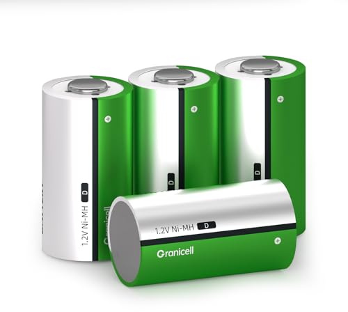 Granicell 4 Pack 10000mAh Wiederaufladbare D-Batterien Hohe Energie, niedrige Selbstentladung NiMH D-Cell Batterie