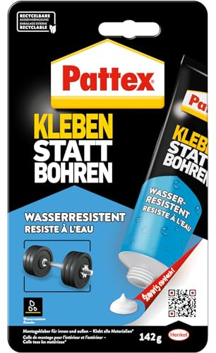 Pattex Montagekleber Kleben statt Bohren Wasserresistent, Kraftkleber für innen & außen, universell einsetzbarer Baukleber, Kleber mit hoher Festigkeit, weiß, 1 x 142g