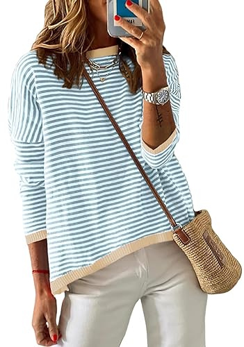 Cuptacc Pullover Damen Elegant Gestreifts Sweatshirt Rundhals Casual | Baumwolle,Rundhals,Gestreifts,Atmungsaktiv,Lässig Bequem,Weich Hautfreundlich,Locker,Alltag