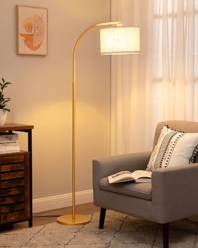 EDISHINE Stehlampe Wohnzimmer, 161cm Bogenlampe mit Verstellem Beigen Leinen-Lampenschirm & Fußschalter, mit E27 LED-Glühbirne, Leselampe Schlafzimmer, Stehleuchte Modern für Kinderzimmer, Gold