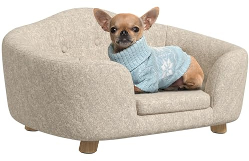 PawHut Haustiersofa Hundematte Hundebett Hundesofa Hundecouch Katzen Sofa mit Kissen Rückentasche Plüsch Schaumstoff Kiefernholz Cremeweiß 70 x 47 x 30 cm