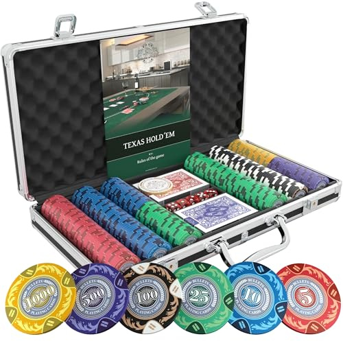 Bullets Playing Cards | Pokerkoffer „Tony“ mit 300 Clay Pokerchips 14g | Pokerset mit Karten, Würfeln, Dealer Button & Pokerregeln