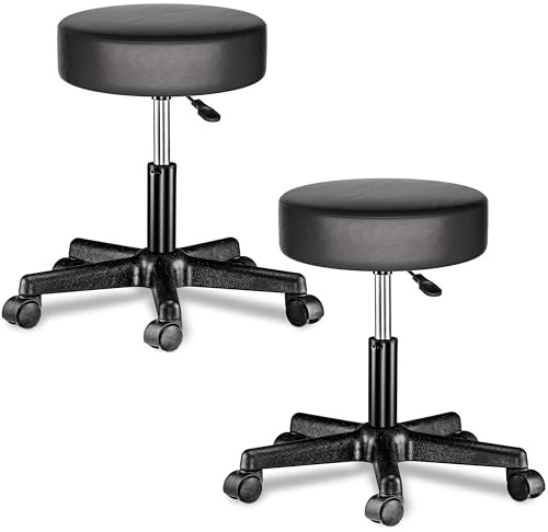 Casaria® Rollhocker Höhenverstellbar 2er Set 10cm Polsterung 46-60cm Höhe 360° Drehbar Ø35cm Rund Rollen Bürohocker Drehhocker Arbeitshocker Stuhl Schwarz