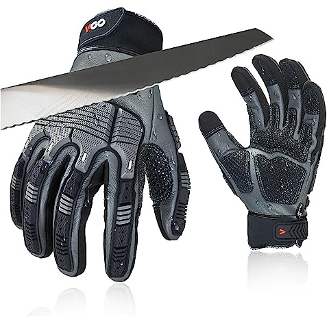 Vgo... Herren schnittfeste Lederhandschuhe,ANSI A3,Impact(CA7722CT,XL) | Grau,Rindleder,Anti-Vibration,hochabriebfest,HPPE,Touchscreen,Mechaniker,Bau,Lager,Metallarbeit,Automobil