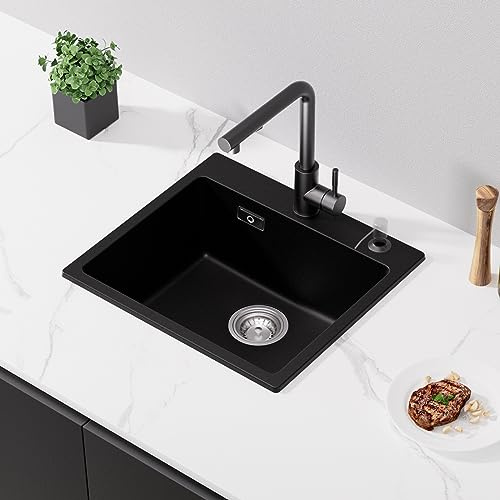 CECIPA Spülbecken Schwarz 50x45cm, Küchenspüle aus Granit, 1 Becken Einbauspüle, 80% Quarzsand Küchenspüle inkl Siphon & Über