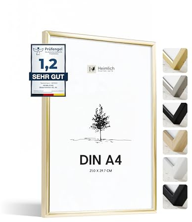 Heimlich Fotorahmen aus Aluminium - DIN A4 21 x 29,7 cm, Gold | Heimlich® – Robuste Metallrahmen Für Dokumente, Zertifikate, Diplome – Wandhalterung Oder Tischaufsteller