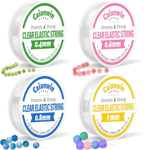 Caianwin Elastische Schmuckfaden Set, 4 Spule Perlen Faden für Armbänder 0.4mm 0.6mm 0.8mm 1mm Transparente Elastische Schmuckfaden Nylonschnur für Armbänder Perlenschmuck Basteln
