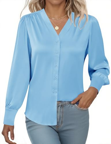 Rapbin Damen Satin Bluse V-Ausschnitt Langarm Einfarbig Button-Down Shirts | Causal Oberteile Basic Shirt Autumn Spring 2026 Lose Hemden Business Oberteile Langarmshirt