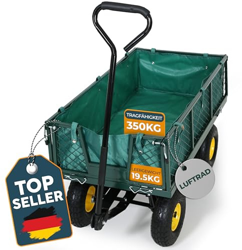 FROSAL Transportwagen Phil mit Lufträdern – Gartenwagen mit klappbaren Seitenwänden – Eigengewicht 19,5 kg – bis 350 kg Tragkraft – Maße 96,5×50,5×56,5 cm – Reifen Ø 26 cm – Stahlrahmen mit Innenplane