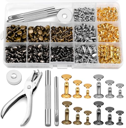 Reovin Leder Nieten Set, 240 Set 3 Größen Doppelkappennieten Mit Leder Lochzange Installationswerkzeuge, 4 Farben Ledernieten Hohlnieten Für LederBastelarbeiten, Kleiderdekoration Und Reparatur