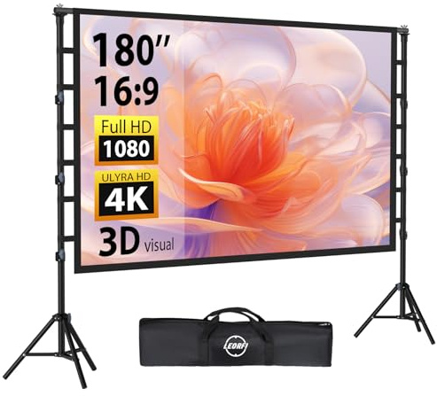 Beamer Leinwand mit Stativ 180 Zoll - LEORFI Große Projektionsleinwand Ständer Outdoor Tragbar mit Tragetasche, Indoor HD 16:9 Front Rück,Höhenverstellbar, für Camping und Heimkino