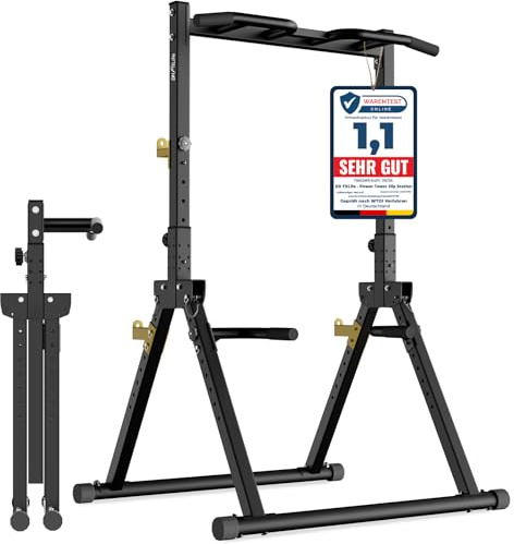DH FitLife Faltbar Power Tower Dip Station | Klimmzugstange Freistehend bis 150kg mit Dip Barren u. Hantelablagen | Kraftstation Kraftturm | Fitness Station | Power Rack for Home Gym