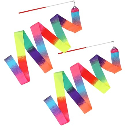 FuzlPnag 2m Bänder für Gymnastik,2 Stück Tanzband,Regenbogenfarben Gymnastikband mit Stab,für Kinder Rhythmische Sportgymnastik,Kindertanz,künstlerische Tanztraining,Talentshow,Zirkus