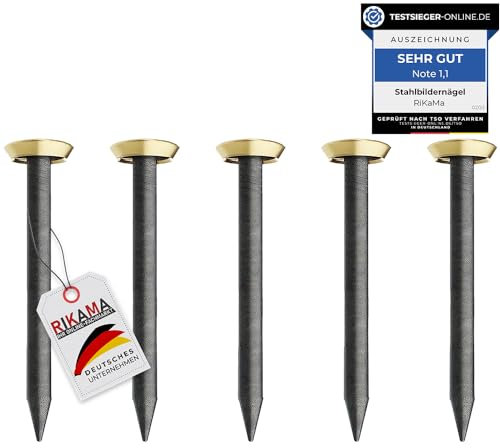30 Bildernägel mit 25mm Länge – Stahlnägel für den Einsatz auf Beton, Ziegelstein, Putz & Holz – Nägel aus gehärtetem Stahl als Bilder Aufhängung – Made in Europe (Goldener Kopf, 25 mm)