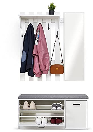 Mondeer Garderobenset mit Sitzbank,Garderobe mit Spiegel,100cm breit,Weiß | Schuhbank Wandgarderobe Set, Schuhschrank mit Klappe,Kompaktgarderobe, 5 Haken, Grau,Eingang,Flur,Schlafzimmer, Kleiner Raum