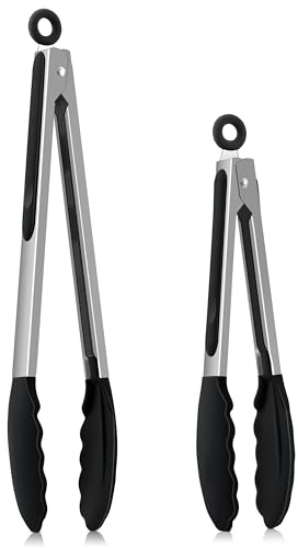 Homikit Küchenzange, Edelstahl Kochzange Grillzange 2er Set mit Hitzebeständige Silikongriff, Schwarz Antihaft Silikonspitze, 30,3cm & 23,7cm Fleischzange mit Verriegelung zum Kochen Grillen Servieren