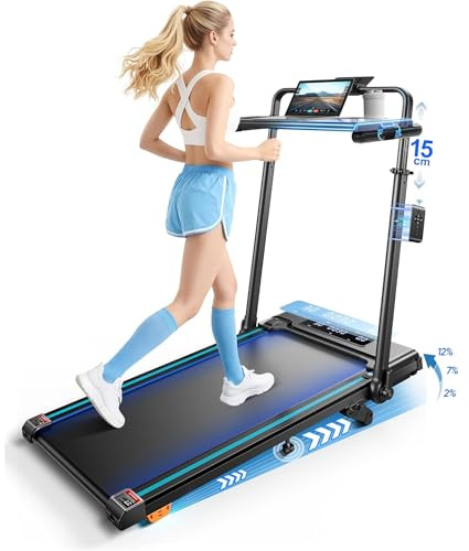 6-IN-1 Laufband für Zuhause Klappbar mit Abnehmbarem Tisch,3.0HP Laufbander mit Steigung bis 12%,12KM/H Walking Pad Klappbar mit 15cm Teleskop-Riser&RGB-Lichter,Laufband für Zuhause 150KG