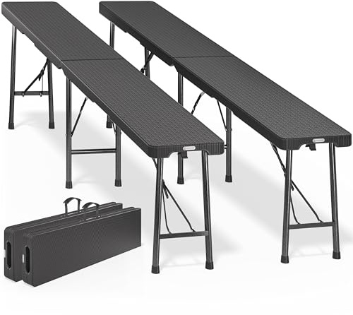 CASARIA Bierbank 2er Set Klappbar | Rattan Optik, 8 Personen, 180 cm, Kunststoff, Klappbank, Faltbar, Biergarten, Campingbank, Bierbänke, Bierbank, Gartenbank