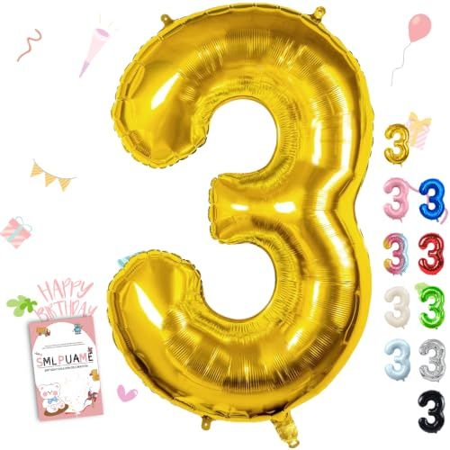 Smlpuame 102cm Golden Luftballon 3, Riesen Folienballon Zahl 3 Party-Deko | Nachfüllbare Große 3 Helium-Ballon 3rd Geburtstagsdeko Kinder Mädchen Junge Ballon Zahl Deko zum Jubiläum Neujahr Hochzeit