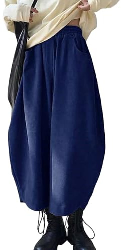 SHINROAD Karottenhose mit weitem Bein, elastisch, hohe Taille, Harem mit Taschen, einfarbig, weites Bein, legere Yoga-Boho-Hose, blau, One size