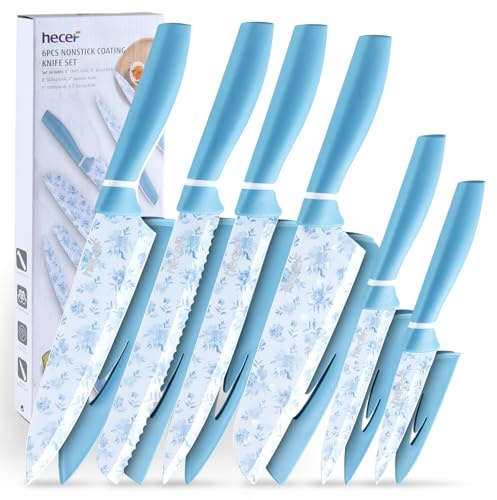 hecef Küchenmesser set, 6-teilig Messerset mit Schützend Messerscheide, Edelstahl Scharfes Küchenmesser mit Einzigartige Celadon-Mustern Beschichtet, Kitchen Knife Set, Soft-Touch-Griffe