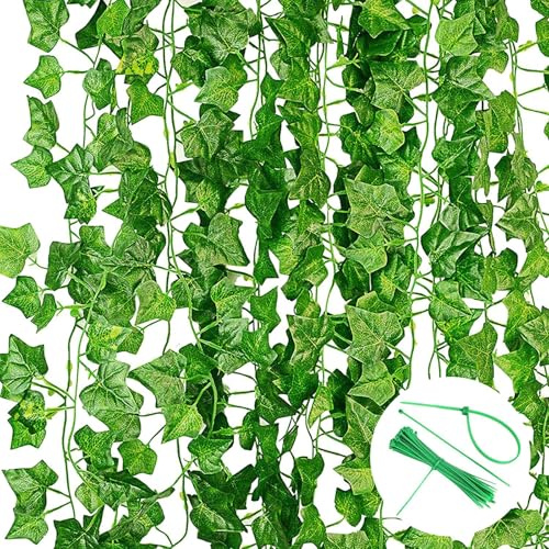 Kiperline 12 Stück Künstlicher Efeu Grün mit Nylon Kabelbinder Pflanzen Efeu Künstlich Girlande für Garten Hochzeit Party Wanddekoration - 2.2m