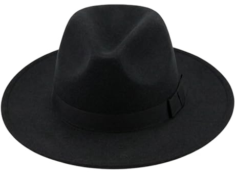 Fedora-Hut mit breiter Krempe für Damen und Herren, klassischer Panamahut, Filzhut mit Band, Schwarz, geeignet für Kopfumfang 56-59 cm