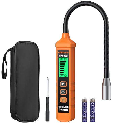 BOBOVAV Gasmelder, Gasdetektor mit 20cm Sonde, Gaslecksuchgerät, tragbarer Gasschnüffler mit visuellem & akustischem Alarm zur Ortung von Lecks (Erdgas, Propan, Methan) für Haus & Wohnmobil