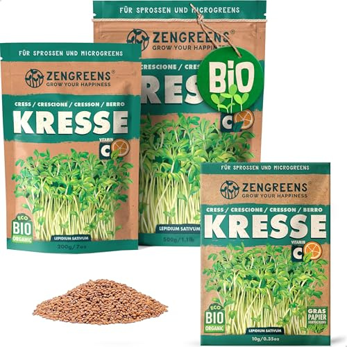 ZenGreens® - Bio Kresse Sprossen Samen - Wähle zwischen 10g, 200g und 500g - Kresse Samen - Keimrate von über 96% - Bio Saatgut zum Keimsprossen ziehen - wiederverschließbare Verpackung