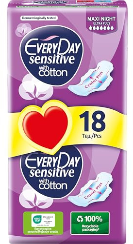 EveryDay Sensitive Cotton Maxi Night, Pads mit Flügeln, Filter mit Baumwolle, 18 Stück