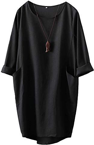 FTCayanz Damen T-Shirt Tunika Kleid Langes Leinenkleider Elegant Langarm Blusenkleid Mini Kleider