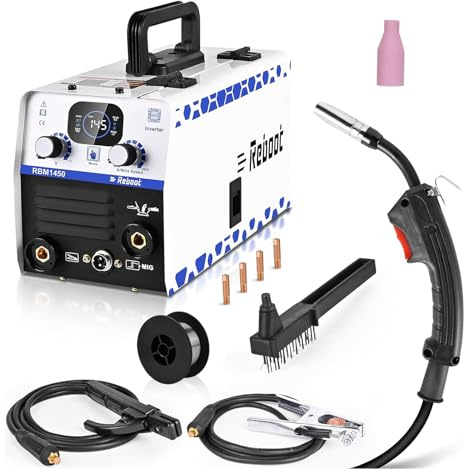 Reboot Gasloses MIG-Schweißgerät 230V 145A MMA ARC/Lift Tig 3 in 1 Schweißmaschine Flussmittelkernschweißgerät mit IGBT Inverter Portable und Mini geeignet für Anfänger und professionelle Schweißer