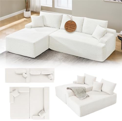 Juskys Sofa Coredo - modernes Cord Sofa mit Ottomane Links, gemütliche Couch mit Schaumstoffpolsterung, Cordbezug & Kissen, modular - Creme