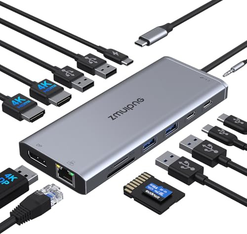 USB C Docking Station 2 Monitore, Laptop Dockingstation Triple Display, 14 in 1 USB-C Hub Adapter mit Dual HDMI, DisplayPort, Ethernet, 100W PD, 2 USBC, 4USB, SD/TF Kartensteckplatz, 3.5mm Audio