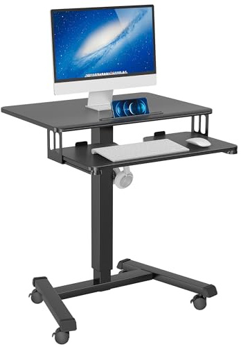 BONTEC Mobiler Schreibtisch mit 4 Rollen, Stehpult Höhenverstellbar 65×45cm Mobile Workstation, Laptoptisch mit Tastaturablage, Stehtisch für Wohnzimmer, Schlafzimmer