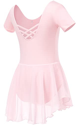 Soudittur Ballettkleidung Mädchen Ballettkleid für Kinder Baumwolle Balletttrikot Kurzarm Ballettanzug Tanzkleid Tanzbody mit Chiffon Rock Tütü(130,Rosa)
