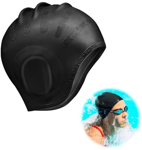 Nodcows Badekappe Gehörschutz 3D, Badehaube Bademütze Wasserdicht Damen Herren Mädchen Jungen, Swimming Cap Badekappen für Schwimmer, Schwimmkappe Schwimmhaube für Kurze und Lange Haare (Schwarz)