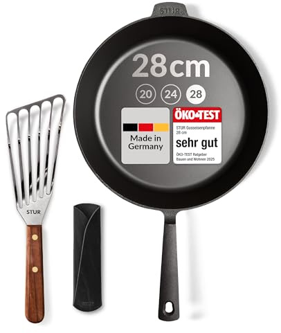 STUR - ORIGINAL Starter-Set Gusseisenpfanne Induktion 28 cm inkl. Echtleder Griffschutz & Pfannenwender - Cast Iron Pan geschliffen für alle Herdarten - Kratzfeste Pfanne Gusseisen & Zubehör