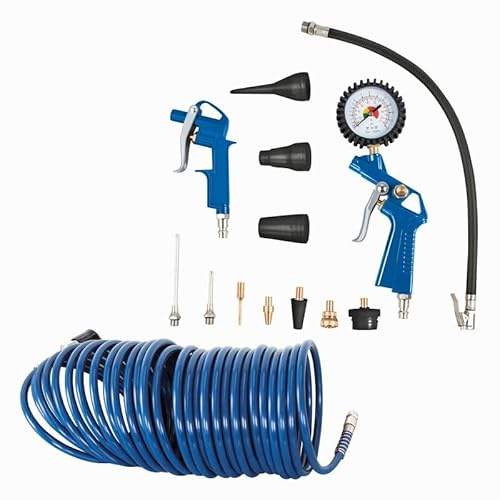 Scheppach Kompressor Zubehör Set 14 teilig | 10m Schlauch mit Schnellkupplung, Blaspistole, Reifenfüllmessgerät inkl. Manometer & verschiedene Düsen/Aufsätze | Druckluftkompressor Zubehörset