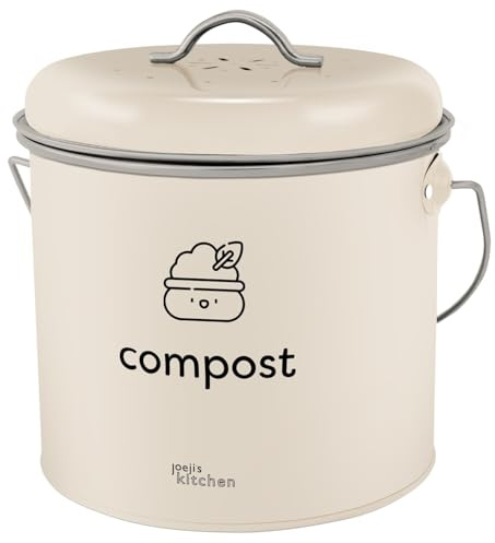 Joejis Komposteimer 3.5L - Küchenkompost mit Aktivkohlefiltern, Verzinkter Stahl Innenkomposter, Geruchlos & Ideal für Lebensmittelabfälle - Creme