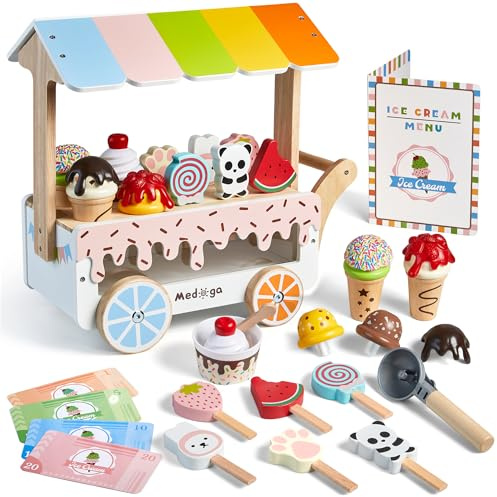Holzeiswagen mit Eiscreme-Spielzeug, Küchenzubehör mit Lutscher, Löffel und Menü, Holzspielzeug Geschenk für Mädchen und Jungen im Alter von 3, 4, 5, 6, 7, 8 Jahren