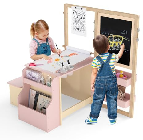 COSTWAY 6 in 1 Kinder Staffelei Set, Standtafel aus Holz mit doppelseitiger Kreidetafel & Whiteboard & Papierrolle, Kindertafel höhenverstellbar mit Bank, Ablagen für Kinder ab 3 Jahren (Rosa)