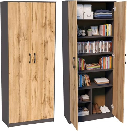 Home Collective Mehrzweckschrank mit 8 Fächern Besenschrank Haushaltsschrank in mattem Finish mit 6 Einlegeböden und 2 Türen 74 cm breit aus Laminatplatte und hochwertigen Polymergriffen graphit Eiche