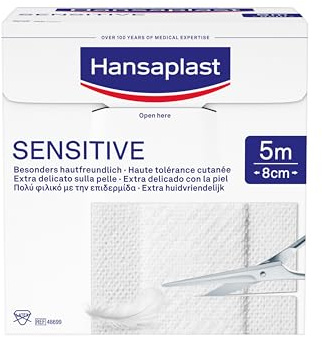 Hansaplast Sensitive Pflaster (5 m x 8 cm), zuschneidbare und hautfreundliche Wundpflaster mit sicherer Klebkraft, schmerzlos zu entfernende Pflaster