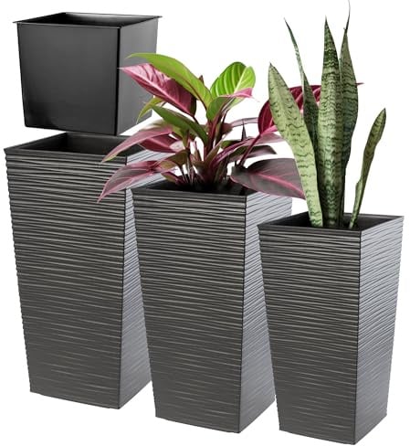 KADAX 3er Set Pflanzkübel mit Innentopf 36/46,5/57,5 cm Höhe, Grafit – wetterfeste & robuste Blumenkübel aus Kunststoff, Blumentöpfe für Innen- & Außenbereich