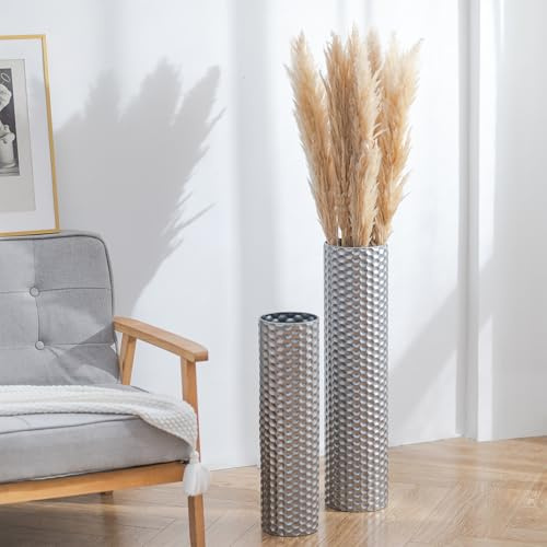 Sziqiqi Bodenvase Groß Metall Silber: 70/55 cm Hoch Große Vasen für Boden Set aus 2 für Trockenblumen Pampasgras Kunstblumen - Wabenmuster Blumenvase Groß für Wohnzimmer Flur Home Wohnung Esszimmer