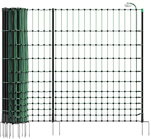 VOSS.farming Elektronetz, Netz, Hühnerzaun, Geflügelnetz, 50m, 112cm, Gartenzaun, Auslaufgehege, Grün, Elektrifizierbar, 20 Pfähle Stäbe, 2 Spitzen, Fiberglaspfähle, Hundezaun