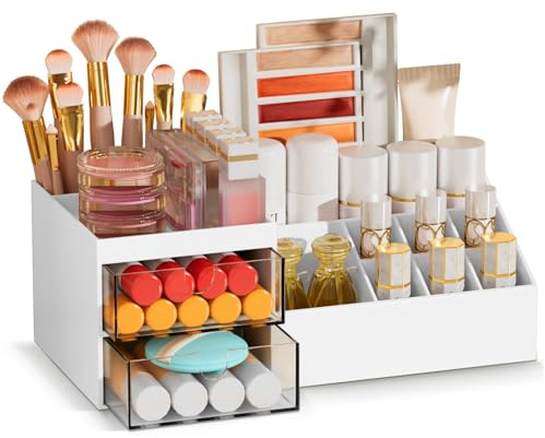 Subsky Make up Organizer mit Schubladen, Multifunktion Schminktisch Organizer Einfache Aufbewahrung für Make-Up Pinsel Wattepads, Schreibtisch Organizer für Dresser Skincare Weiß